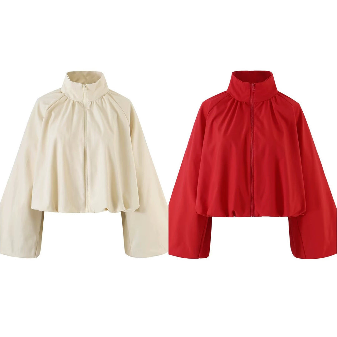 Damen Kurzes Cape‑Blouson mit Stehkragen, weiten Trompetenärmeln und Reißverschluss Drune