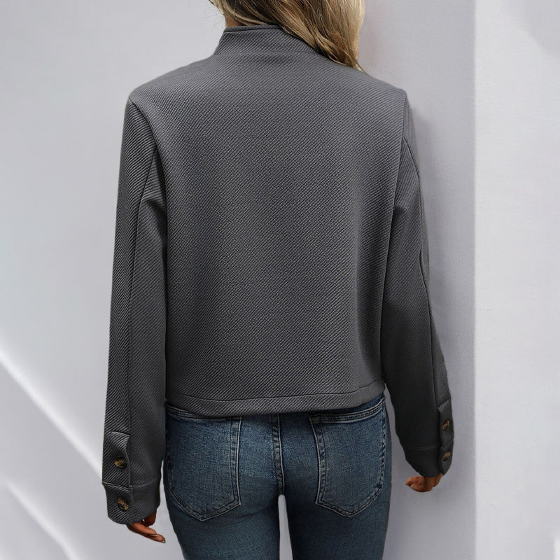 Damen Modische Kurzjacke mit Hochkragen und Knöpfen Drune