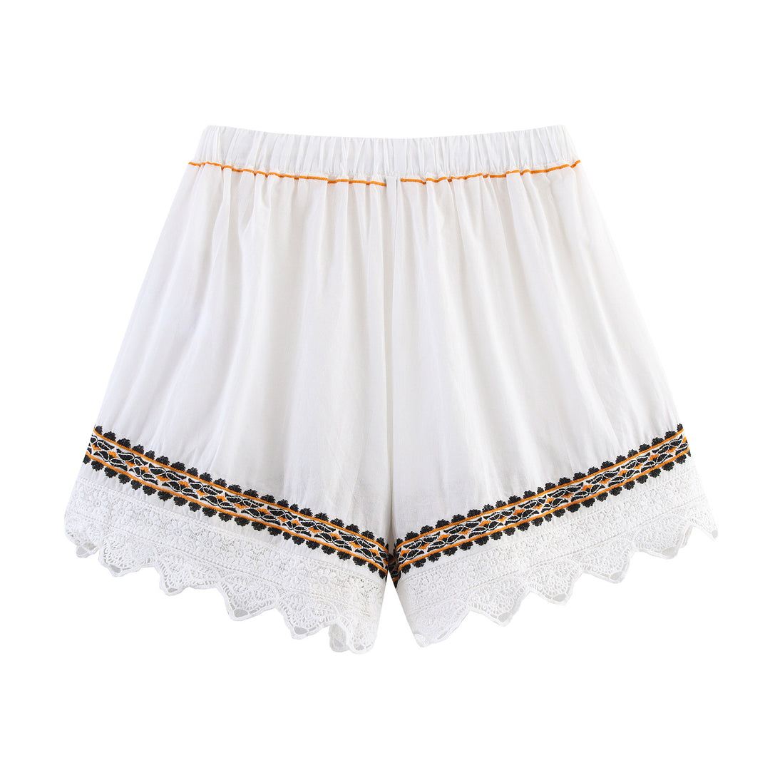 Damen Bestickte Boho-Bluse mit weiten Glockenärmeln und Spitzensaum Drune
