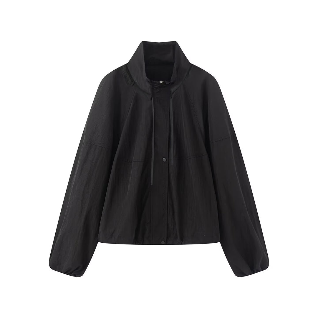 Damen Leichte Oversize-Blousonjacke aus Nylon mit Stehkragen, Kordelzug und Druckknopfverschluss Drune