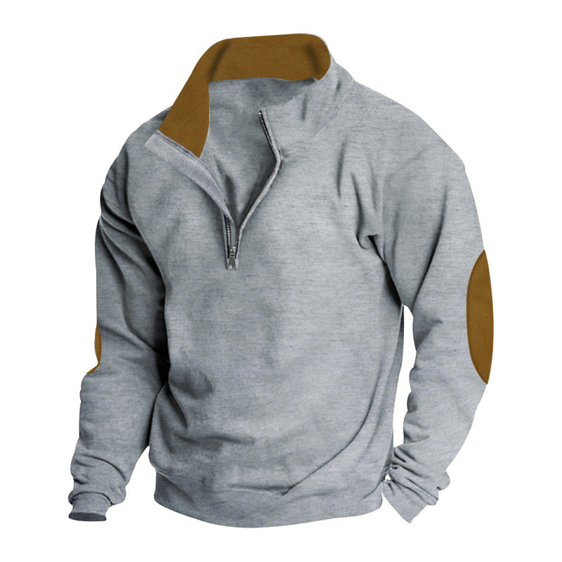 Herren nan Kurzzip-Stehkragenpullover mit Kontrastkragen und Wildleder-Ellenbogenpatches Drune