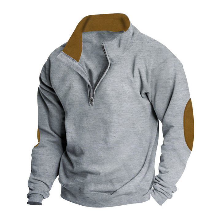 Herren nan Kurzzip-Stehkragenpullover mit Kontrastkragen und Wildleder-Ellenbogenpatches Drune