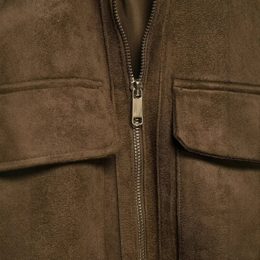 Damen Bomberjacke aus Velourslederoptik mit hohem Rippkragen und Pattentaschen Drune