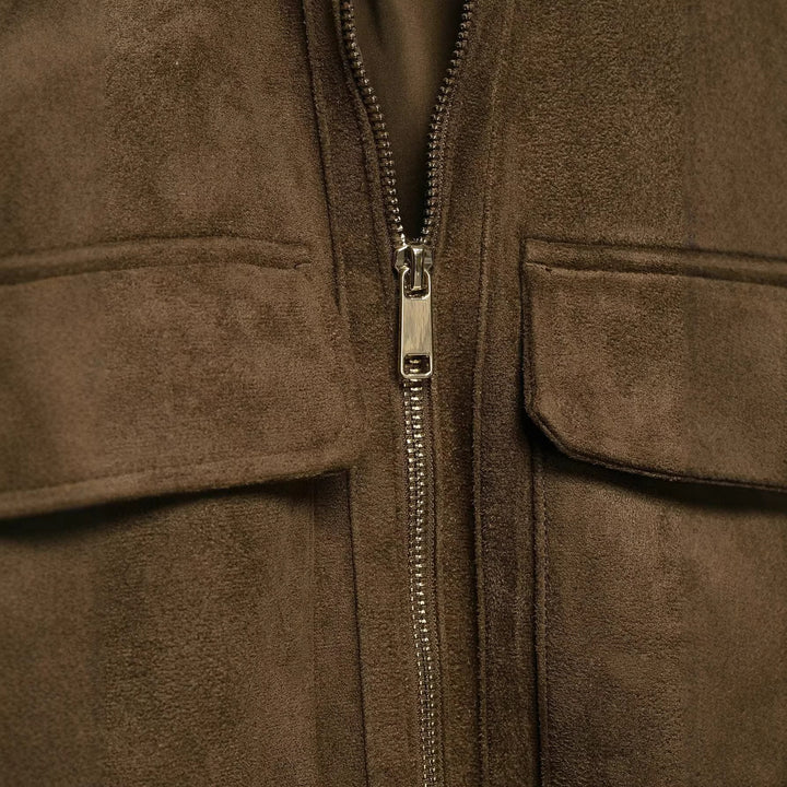 Damen Bomberjacke aus Velourslederoptik mit hohem Rippkragen und Pattentaschen Drune