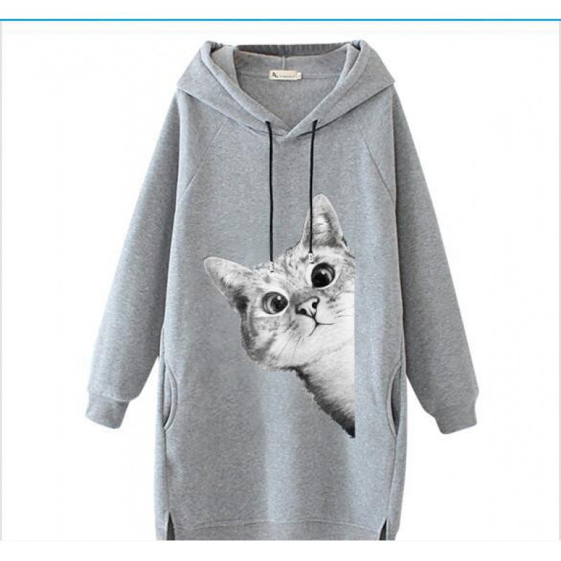 Damen Oversize Kapuzenkleid aus Sweat mit großem Katzenprint und Seitentaschen Drune
