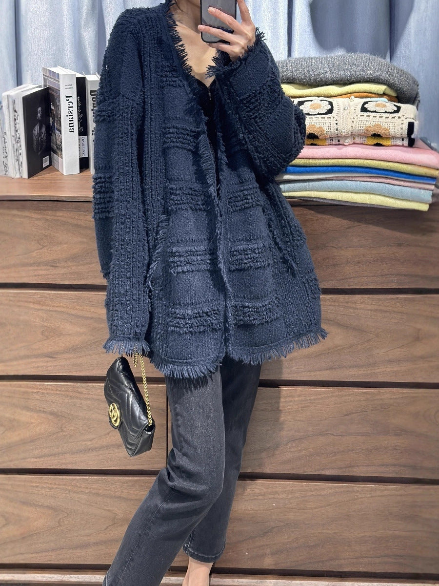 Damen Oversize Strickcardigan mit strukturierter Karomuster‑Optik, Fransen und Eingrifftaschen Drune