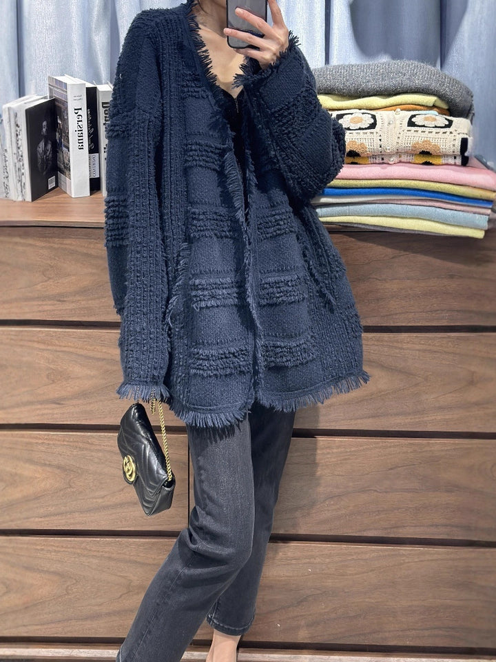 Damen Oversize Strickcardigan mit strukturierter Karomuster‑Optik, Fransen und Eingrifftaschen Drune
