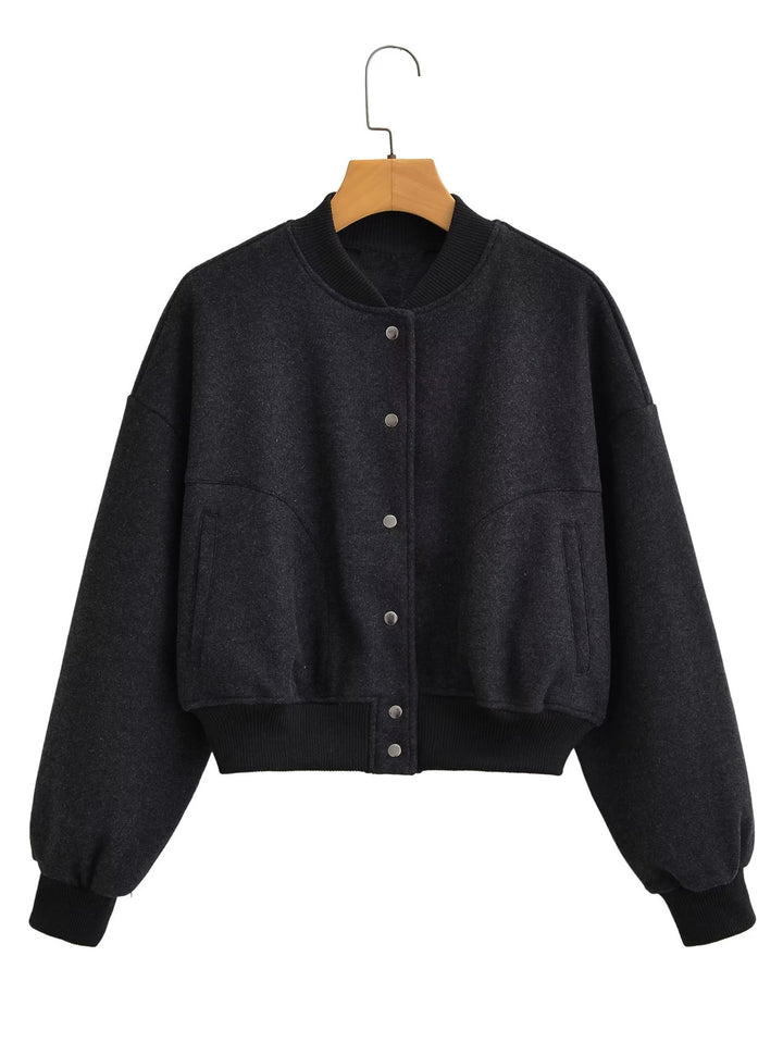 Unisex nan oversized Wollmix Bomberjacke mit geripptem Saum und Druckknopfleiste Drune