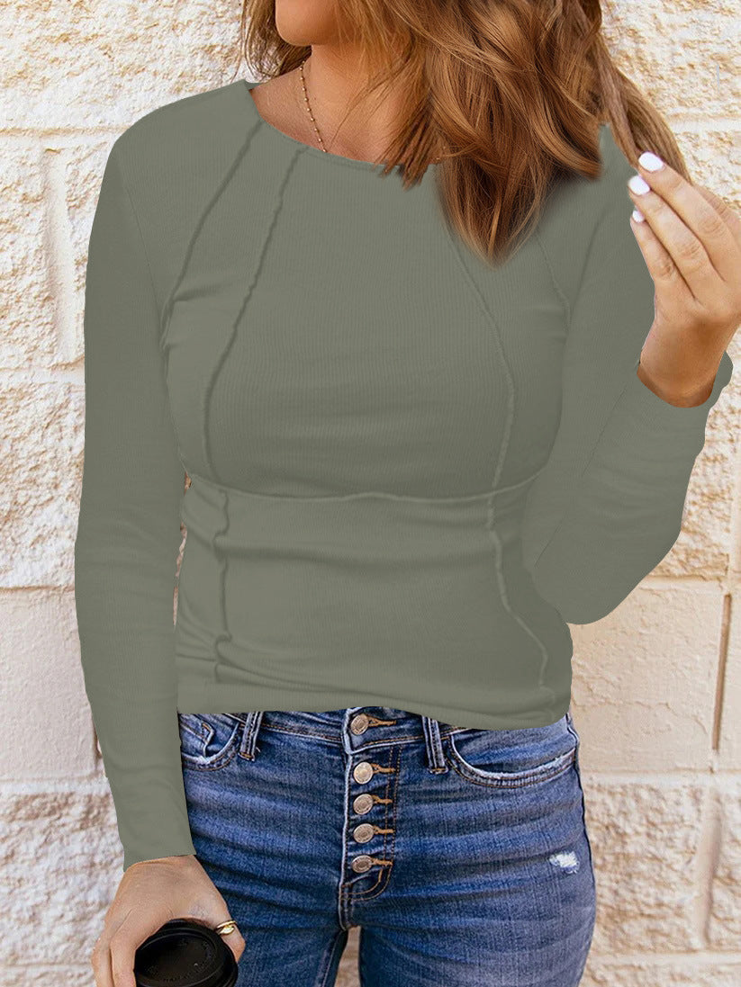Damen Figurbetont Rib Longsleeve mit Dekorativen Nähten Drune