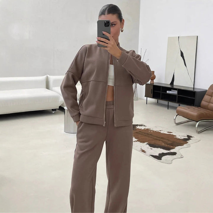Damen Zweiteiliges Loungewear-Set mit kurzem Bomber-Zip und weiter hochgeschnittener Jogginghose Drune