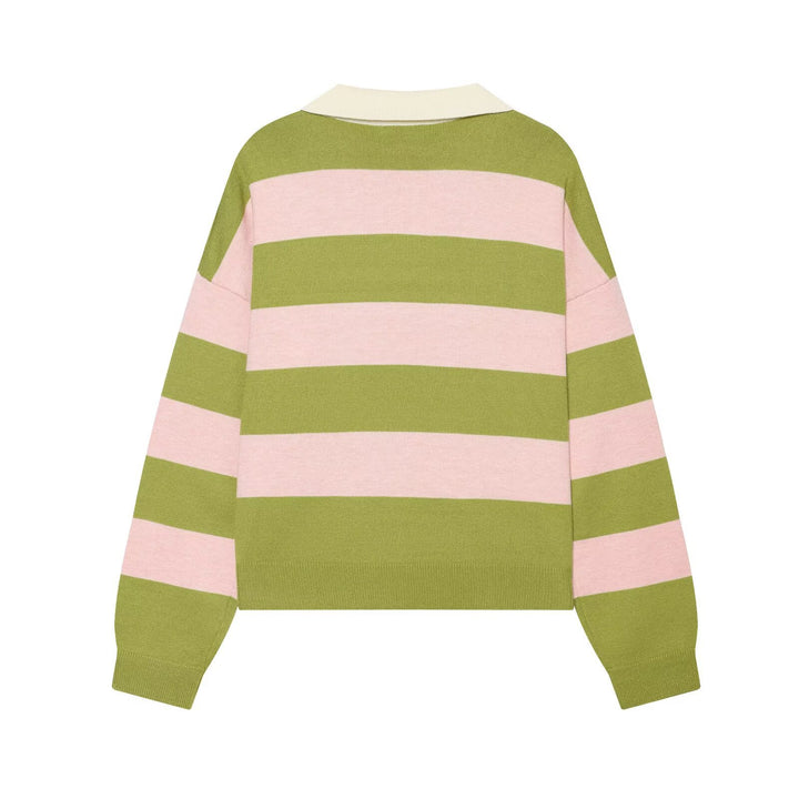 Damen Oversize Rugby-Pullover mit Polokragen und breiten Blockstreifen Drune