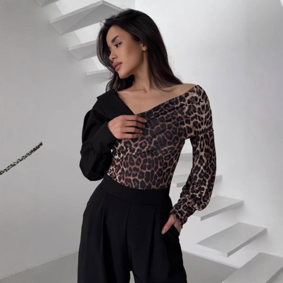Damen Elegantes halb-schulterfreies Oberteil mit tierischem Motiv Drune