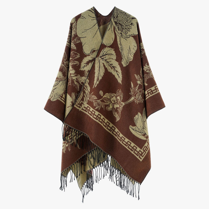 Damen Großer Wollmix Fransenponcho mit diagonalen Kontraststreifen Drune