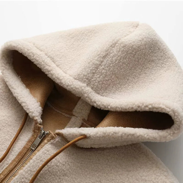 Damen nan kurze Teddy-Fleece Kapuzenjacke mit Reißverschluss und großen Fronttaschen Drune