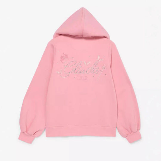 Damen nan Rüschen-Kapuzen-Sweatjacke mit Ballonärmeln und Strasslogo Drune