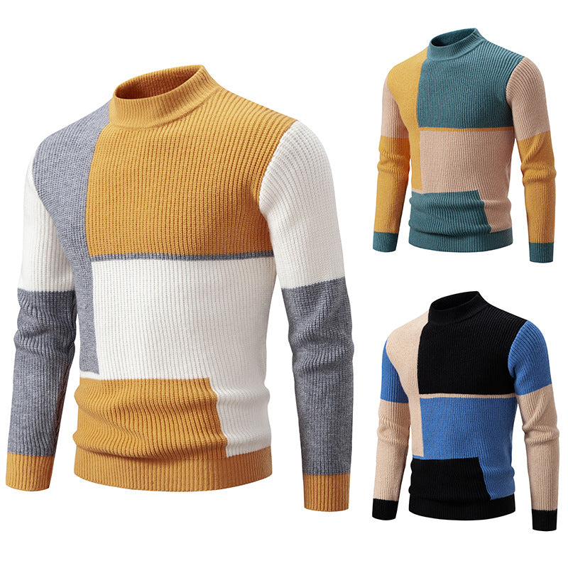Herren Grobstrick-Pullover mit Stehkragen und kontrastierendem Blockstreifenmuster Drune