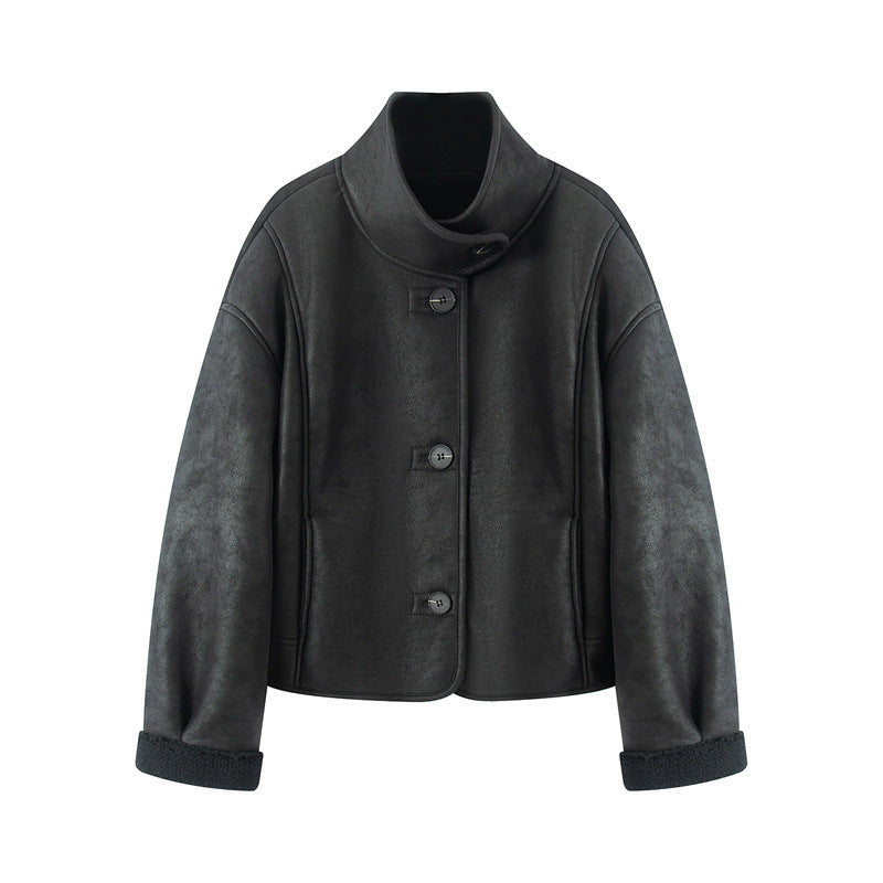 Damen nan kurze Lammfelloptik-Jacke mit hohem Stehkragen und geknöpfter Front Drune