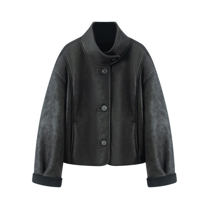 Damen nan kurze Lammfelloptik-Jacke mit hohem Stehkragen und geknöpfter Front Drune