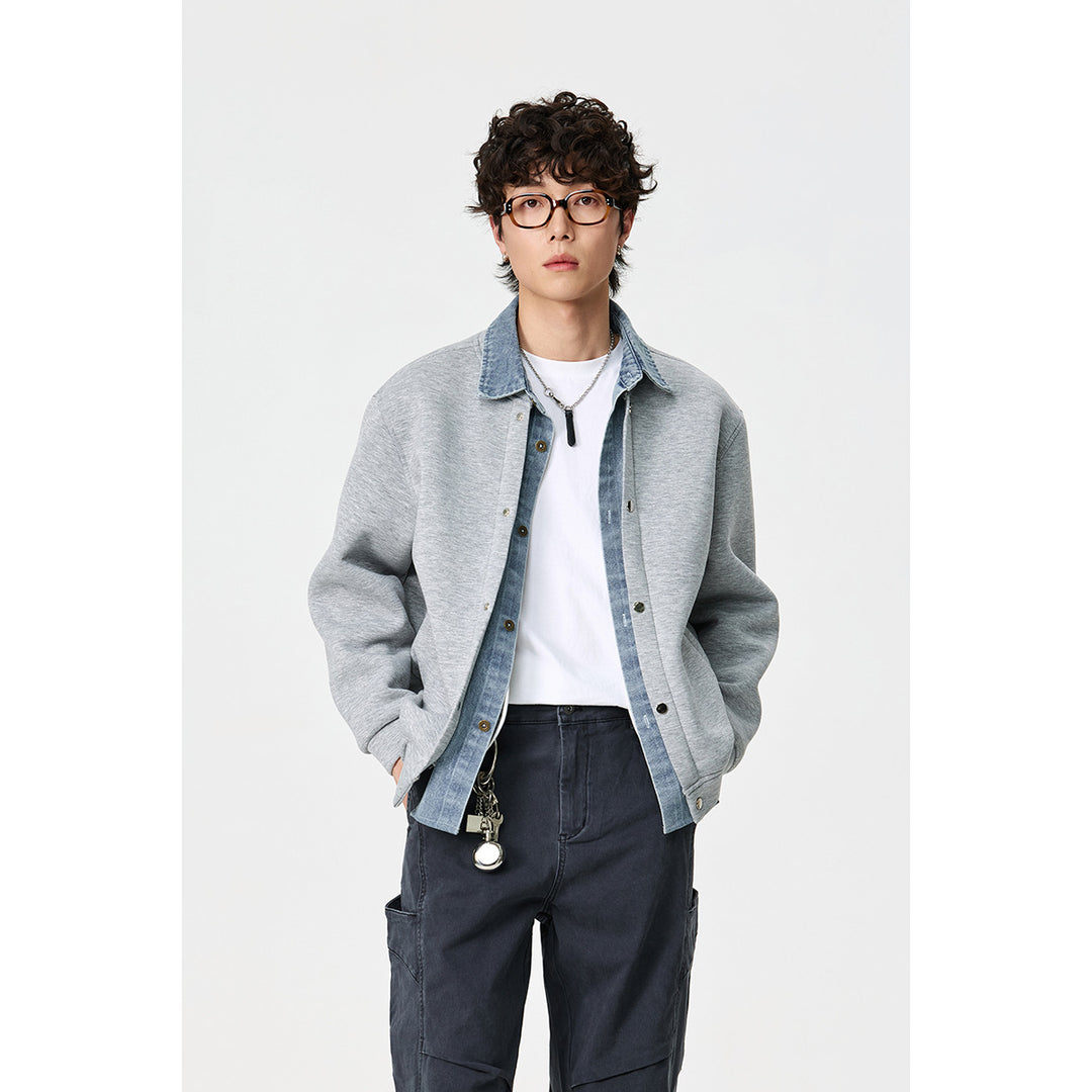 Unisex Lagenlook-Boxy Blouson mit integriertem Denim-Kragen und Druckknopfleiste Drune