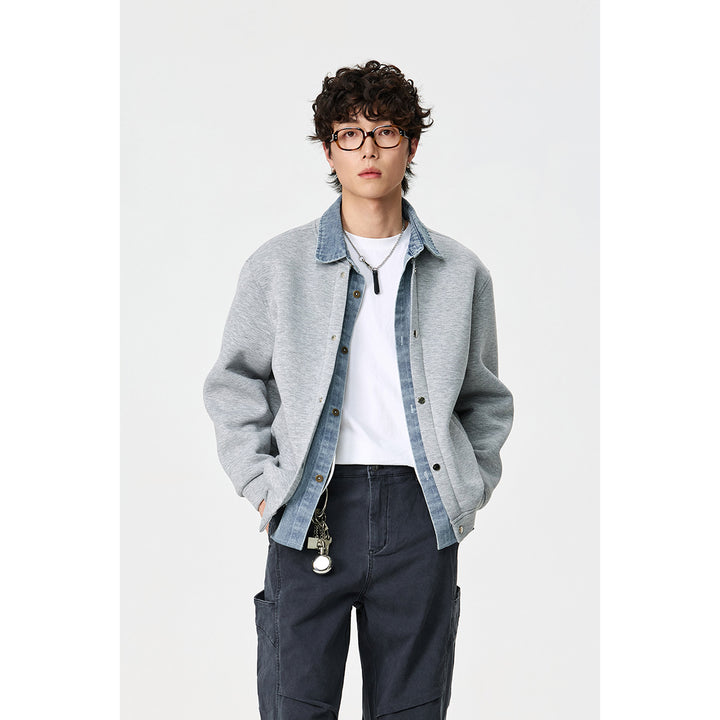 Unisex Lagenlook-Boxy Blouson mit integriertem Denim-Kragen und Druckknopfleiste Drune