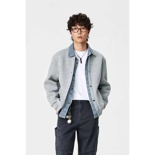 Unisex Lagenlook-Boxy Blouson mit integriertem Denim-Kragen und Druckknopfleiste Drune