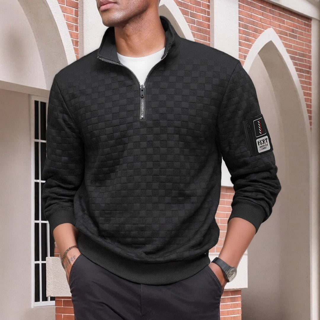 Herren strukturierter Stehkragen-Halbzip-Pullover mit Karosteppung, elastischen Bündchen und Ärmel-Patch Drune