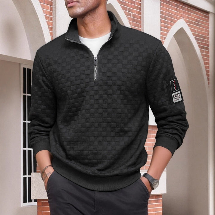 Herren strukturierter Stehkragen-Halbzip-Pullover mit Karosteppung, elastischen Bündchen und Ärmel-Patch Drune