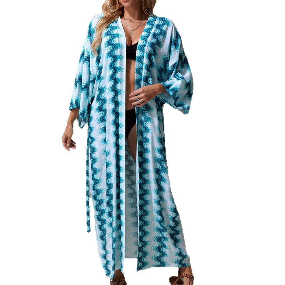 Damen Langer Strandkaftan mit V-Ausschnitt, Taillen-Bindegürtel & hohem Beinschlitz Drune
