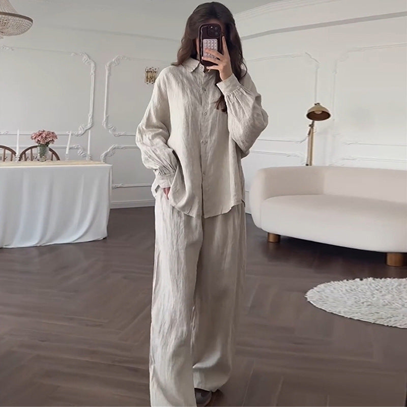 Damen lässiges Leinen-Loungewear-Set mit taillierter Bluse und weiten Hosen Drune