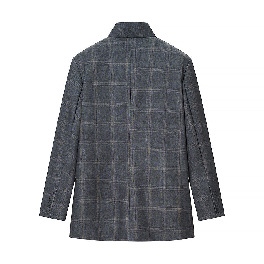 Herren Karierter Stehkragen-Blazer mit asymmetrischer Knopfleiste und Pattentaschen Drune
