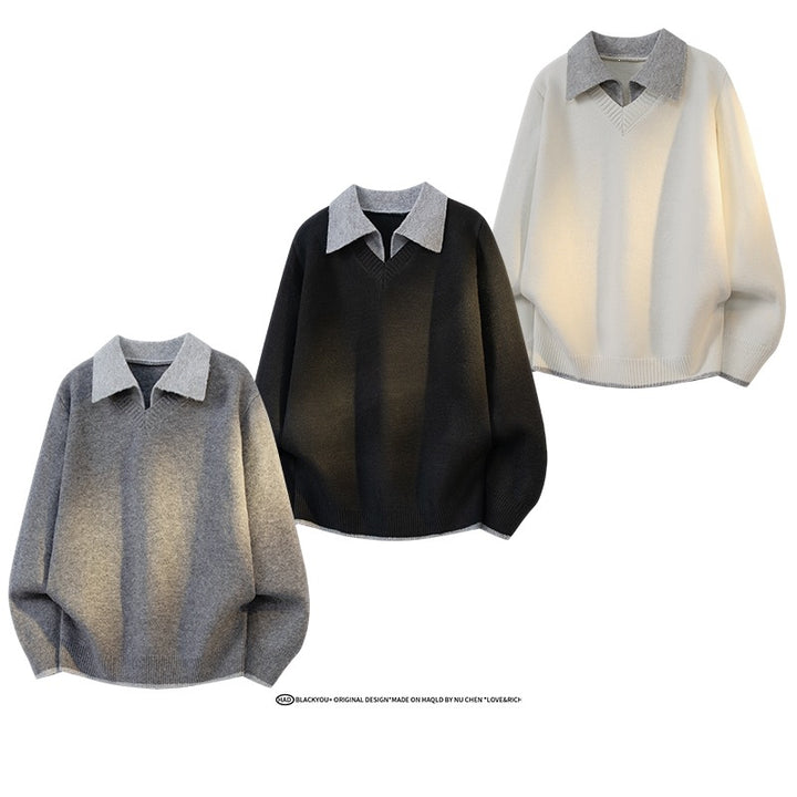 Unisex Oversize Strickpullover mit Kontrastpolokragen und V-Ausschnitt Drune