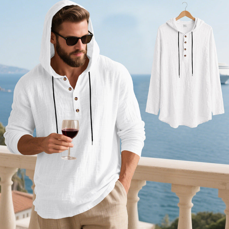 Herren nan lässiges Kapuzen-Henleyshirt in Leinenoptik mit durchgehender Knopfleiste und relaxed Fit Drune