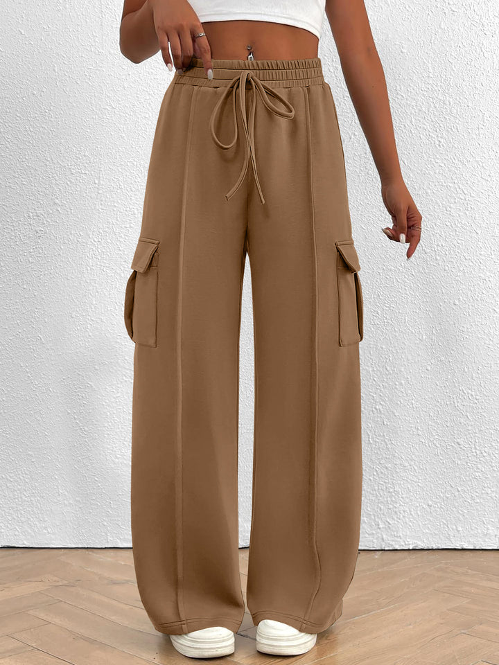 Damen breite Cargo-Hose mit elastischem Taillenbund und praktischen Taschen Drune