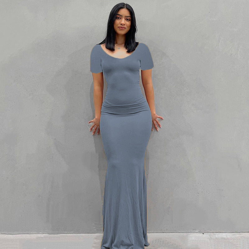 Damen Körperbetontes Maxi‑Jerseykleid mit taillierter Drapierung, langen Ärmeln und ausgestelltem Saum Drune