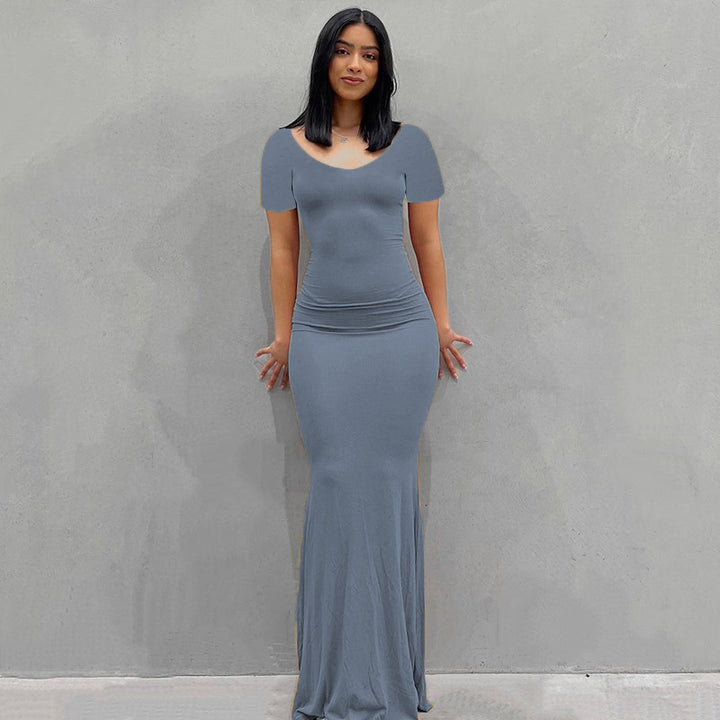 Damen Körperbetontes Maxi‑Jerseykleid mit taillierter Drapierung, langen Ärmeln und ausgestelltem Saum Drune