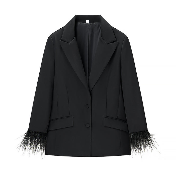 Damen Schicker taillierter Blazer-Hosenanzug mit Federbesatz an Manschetten Drune