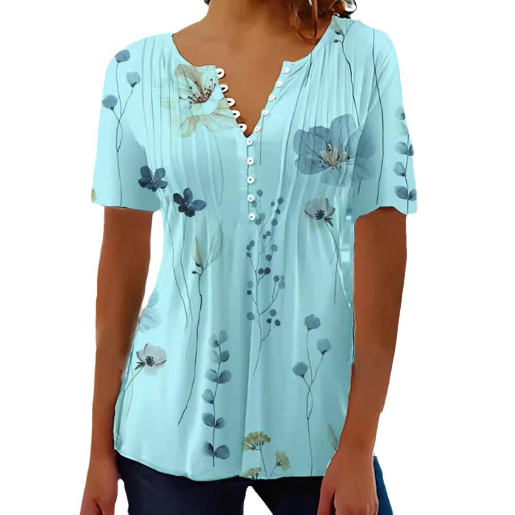 Damen nan leichte Viskose-Tunika mit Ziersteckfalten, halber Knopfleiste und Aquarellblumenprint Drune