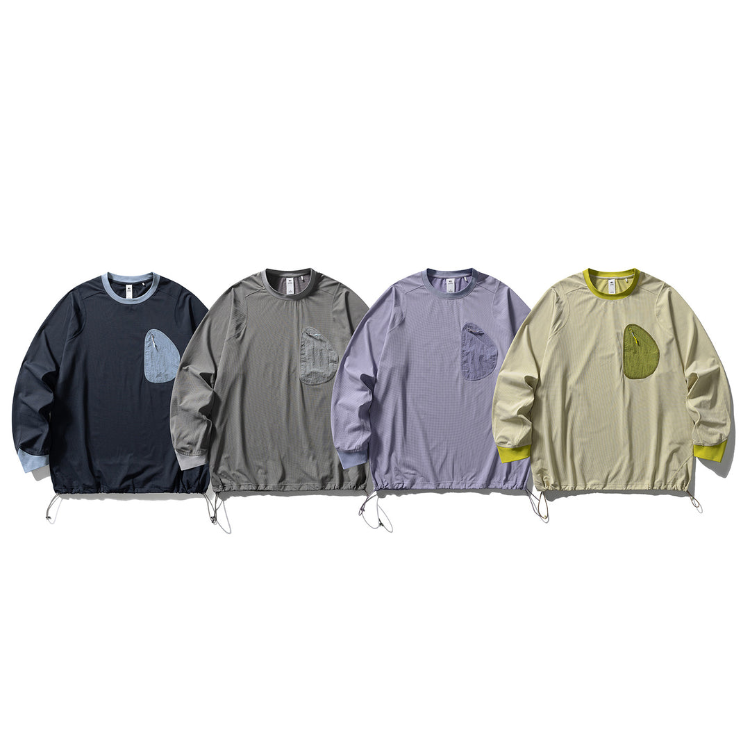 Unisex Leichter technischer Rundhals-Pullover mit Brust-Zip-Tasche, Kordelzugsaum und gerippten Bündchen Drune