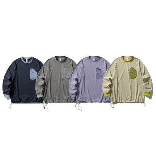 Unisex Leichter technischer Rundhals-Pullover mit Brust-Zip-Tasche, Kordelzugsaum und gerippten Bündchen Drune