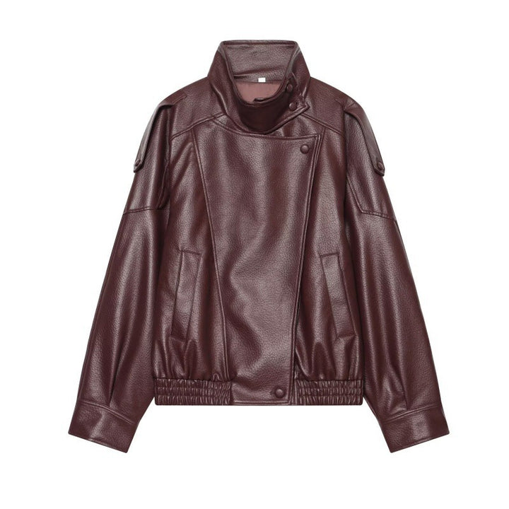 Damen Kunstleder-Bomberjacke mit hohem Stehkragen, asymmetrischem Verschluss und elastischem Saum Drune
