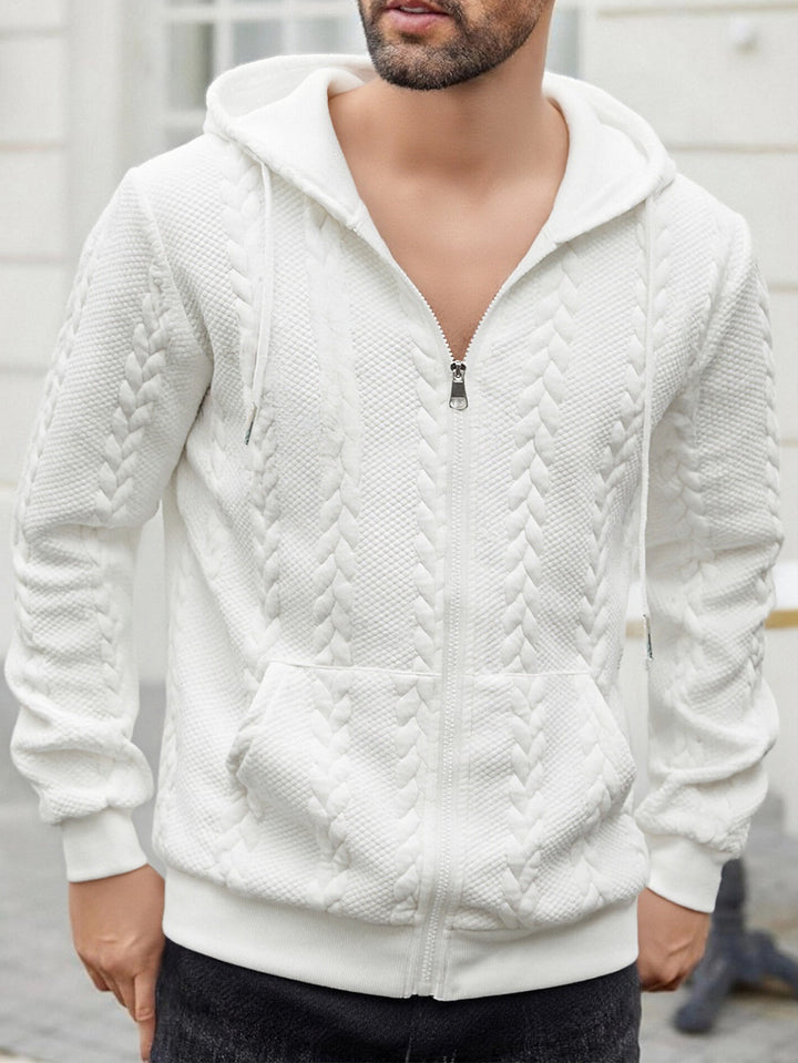 Herren strukturierte Kapuzen-Sweatjacke mit Zopfmuster, durchgehendem Reißverschluss und Kängurutasche Drune