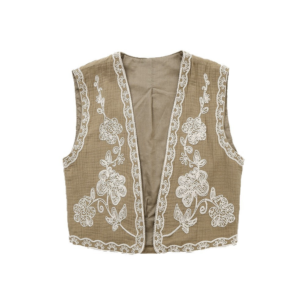 Damen Ärmellose Leinenweste mit floraler Reliefstickerei und offener Front Drune