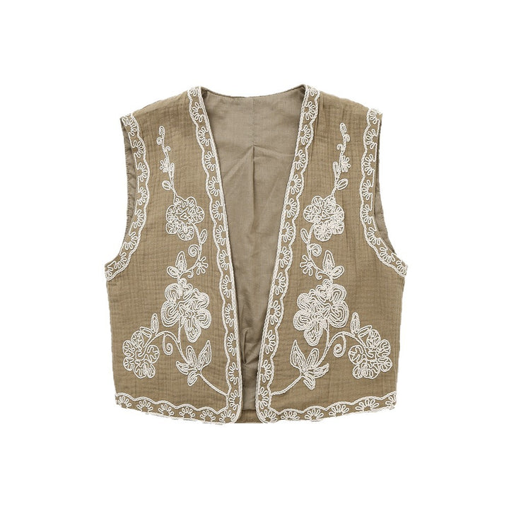 Damen Ärmellose Leinenweste mit floraler Reliefstickerei und offener Front Drune