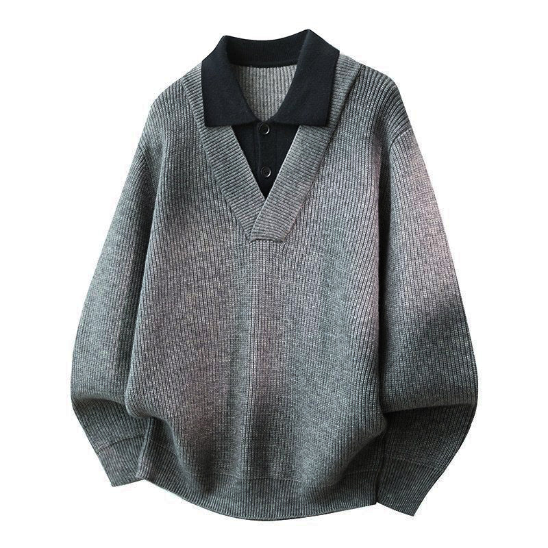 Damen Modischer Grobstrickpullover mit V-Ausschnitt und Kragen Drune