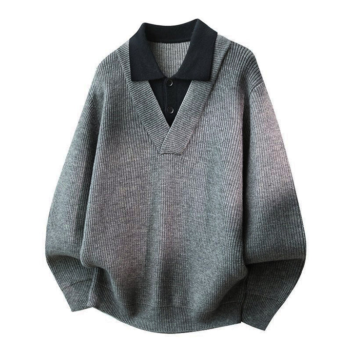 Damen Modischer Grobstrickpullover mit V-Ausschnitt und Kragen Drune