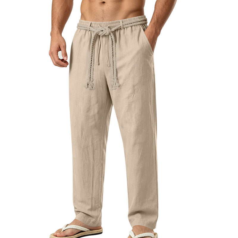 Herren lässige Leinen-Loungehose mit elastischem Bund, dekorativem Seilgürtel und Seitentaschen Drune