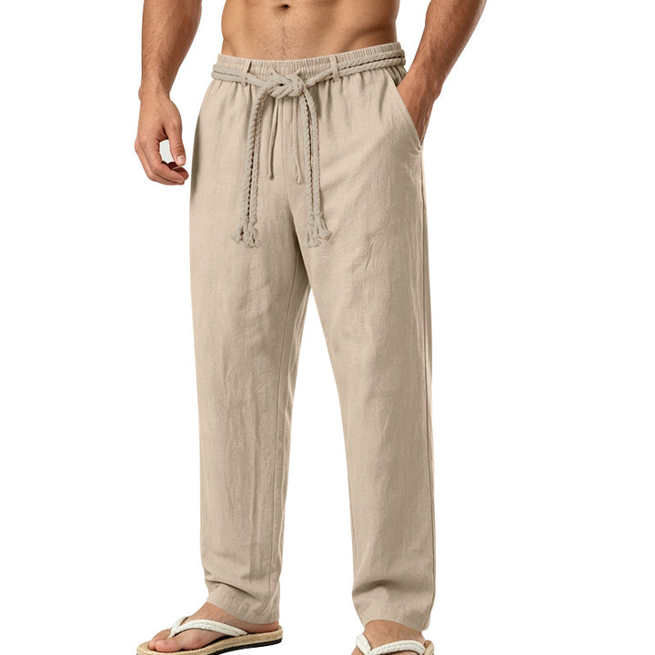 Herren lässige Leinen-Loungehose mit elastischem Bund, dekorativem Seilgürtel und Seitentaschen Drune