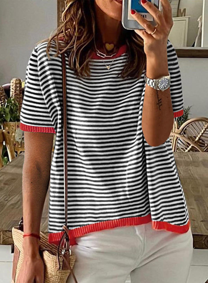 Damen gestreiftes Kurzarmshirt mit kontrastierenden Bündchen und weichem Material Drune