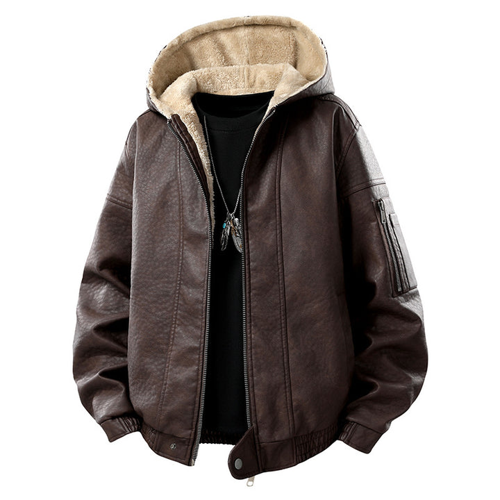 Herren Kunstleder-Bomberjacke mit Teddyfutter, Kapuze und Utility-Ärmeltasche Drune