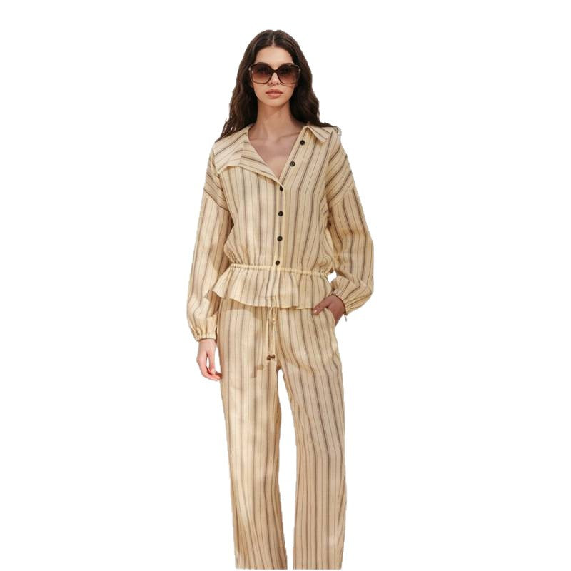 Damen Gestreiftes Zweiteiliges Loungewear-Set mit Oversize-Hemdjacke und Tunnelzug-Hose Drune
